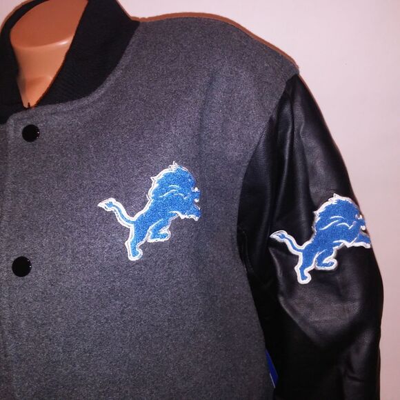Detroit Lions Bomber Jacket Mens Black Gray Blue Logo Varsity Jacket NFL - Picture 5 of 13